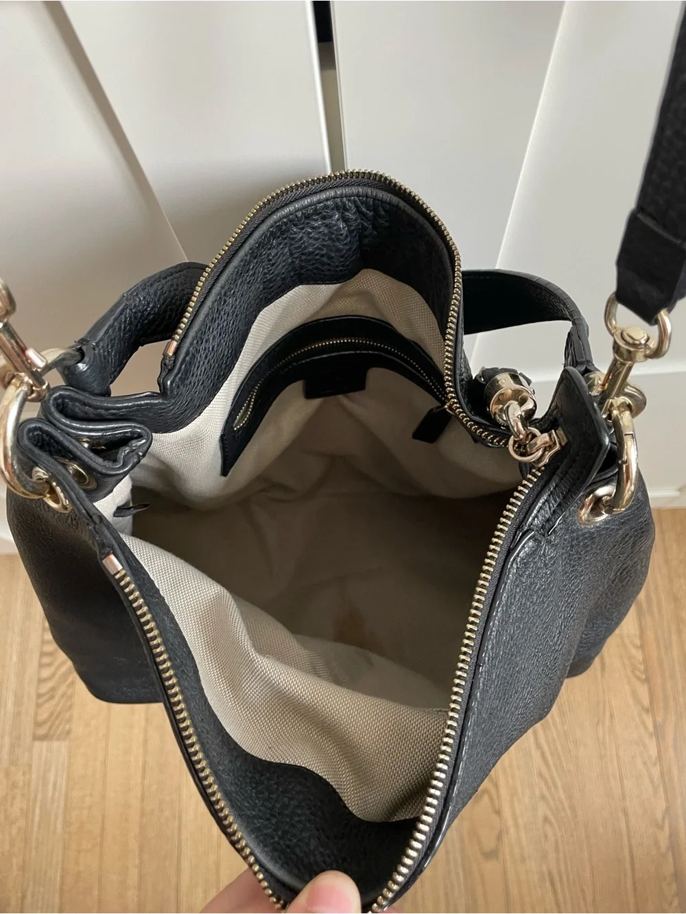 Gucci Black Pebbled Leather Shoulder Bag with Embossed Logo